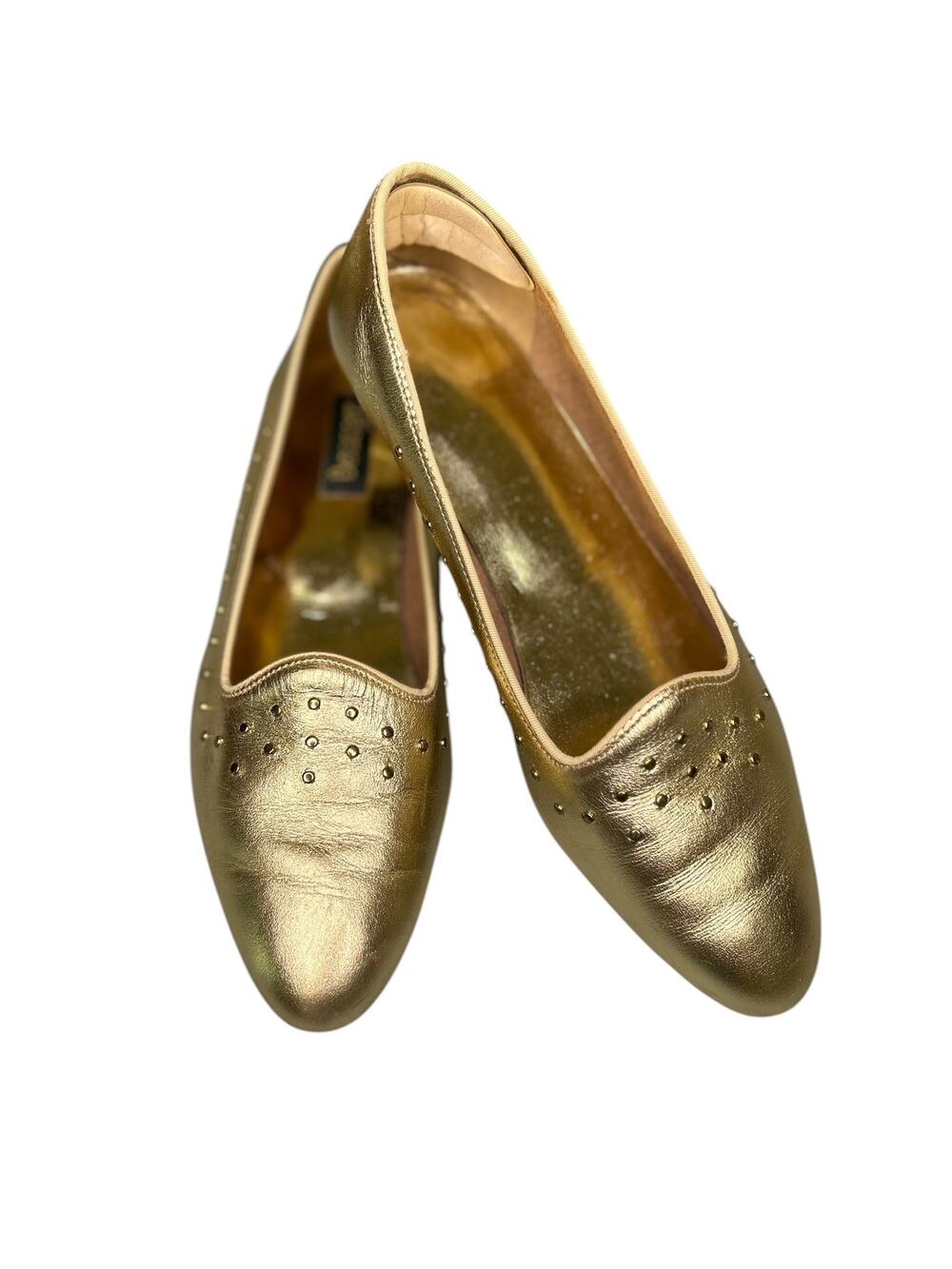 Beacon Vintage Metallic Gold Slip On Flats with Gold Studs 7.5 M USA Made